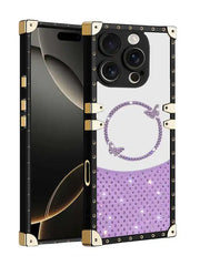 Phone case with a purple and white design on a black background