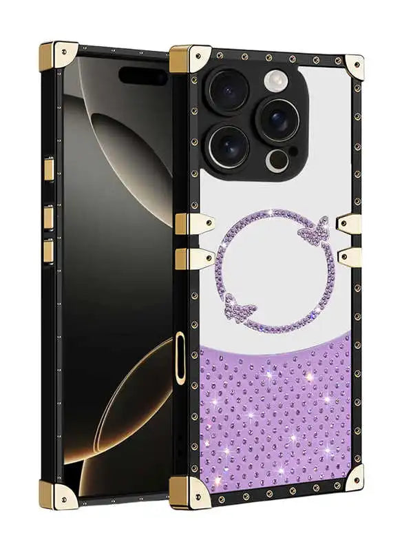 Phone case with a purple and white design on a black background