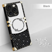 Phone case with black and gold design on a white background
