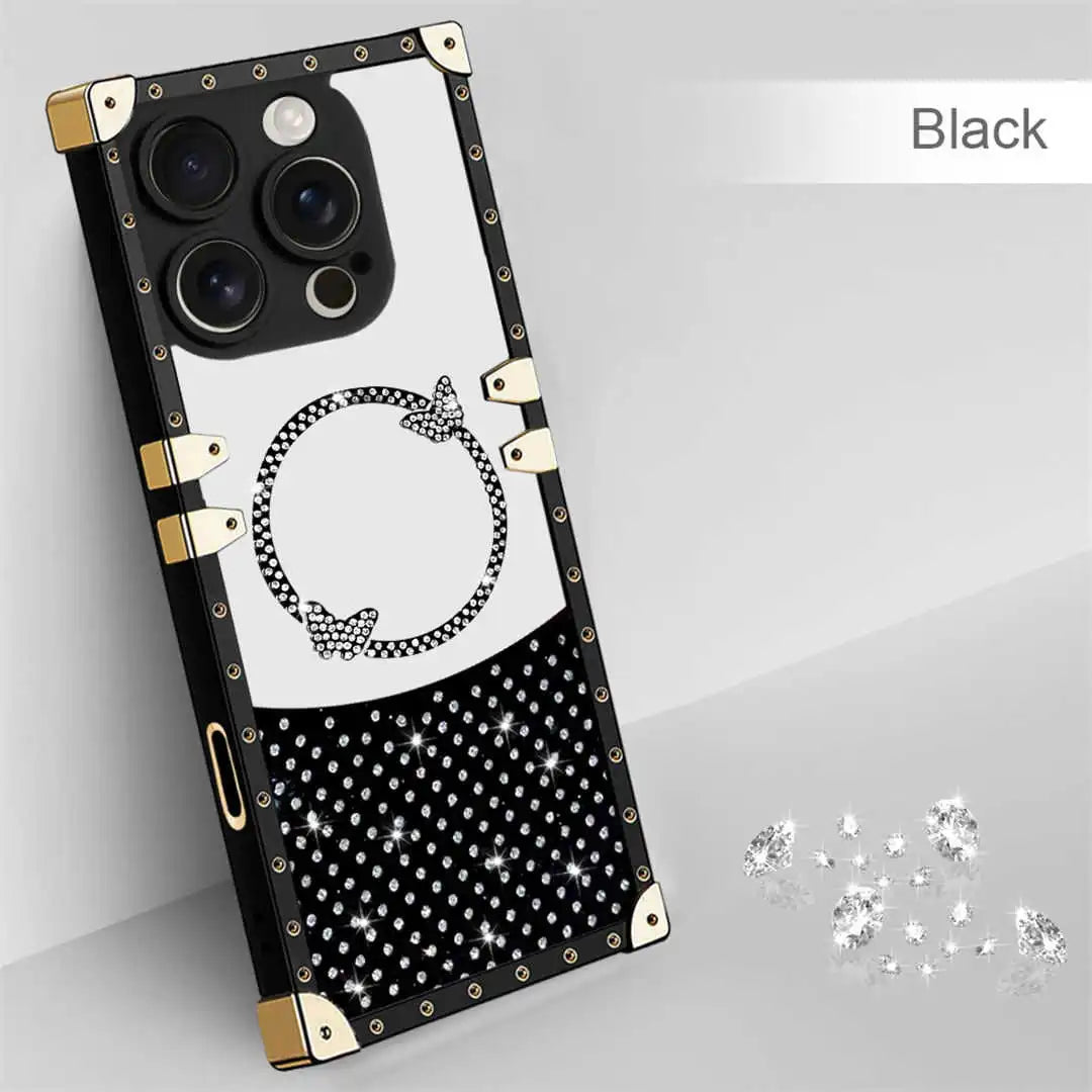 Phone case with black and gold design on a white background