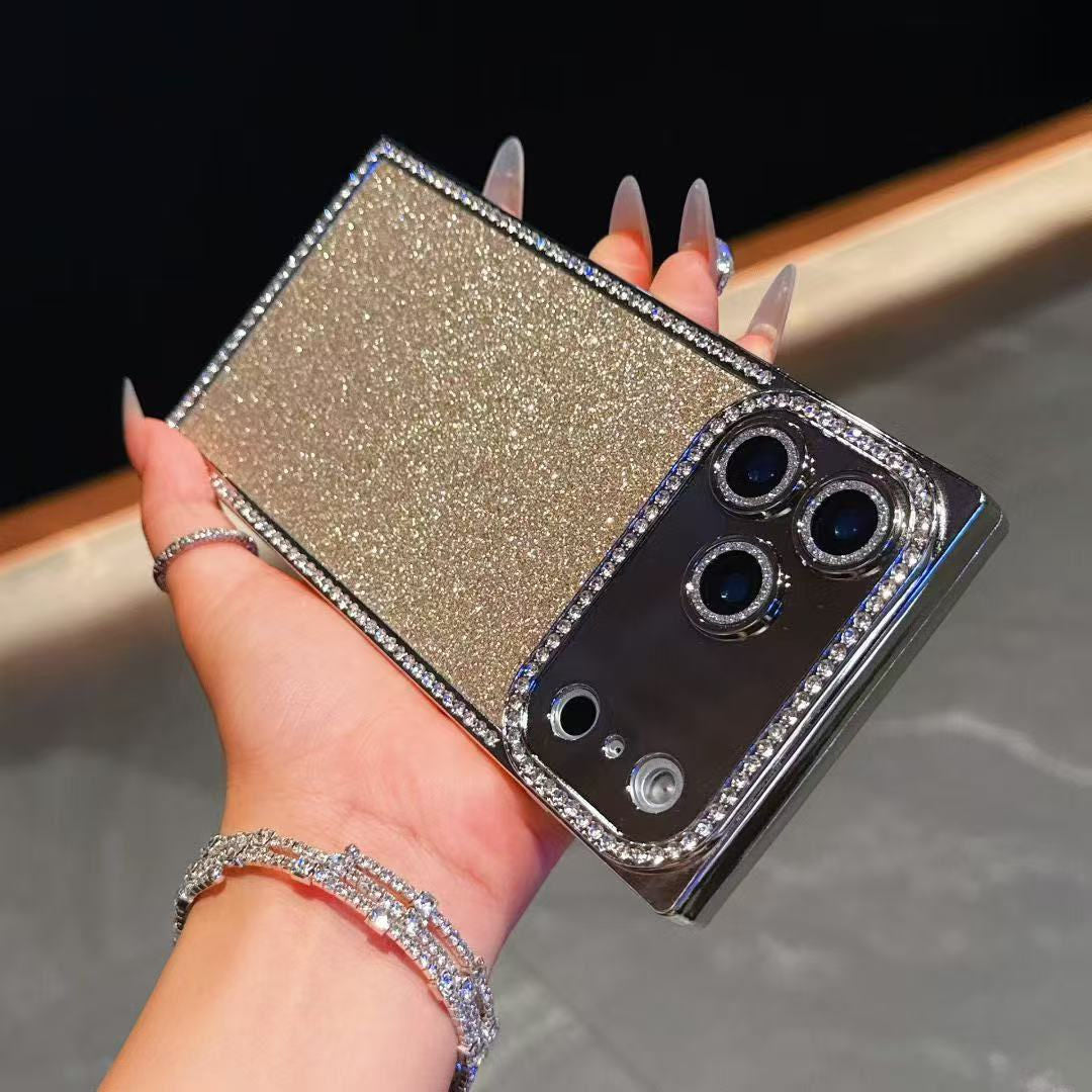 iPhone 17 Pro Max Phone case with gold glittery design held by a hand