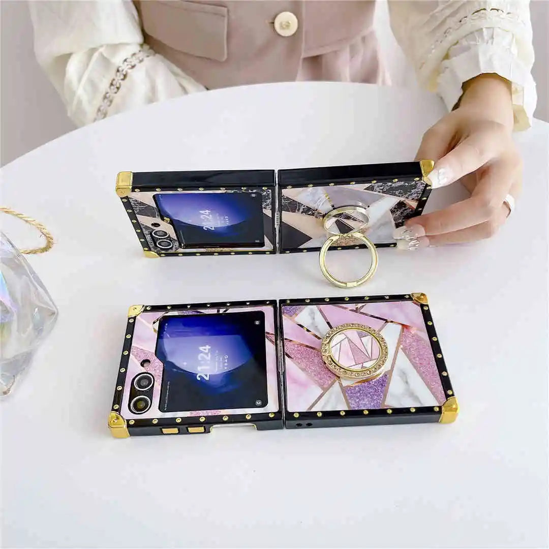 Geometric marble Z Flip case with ring