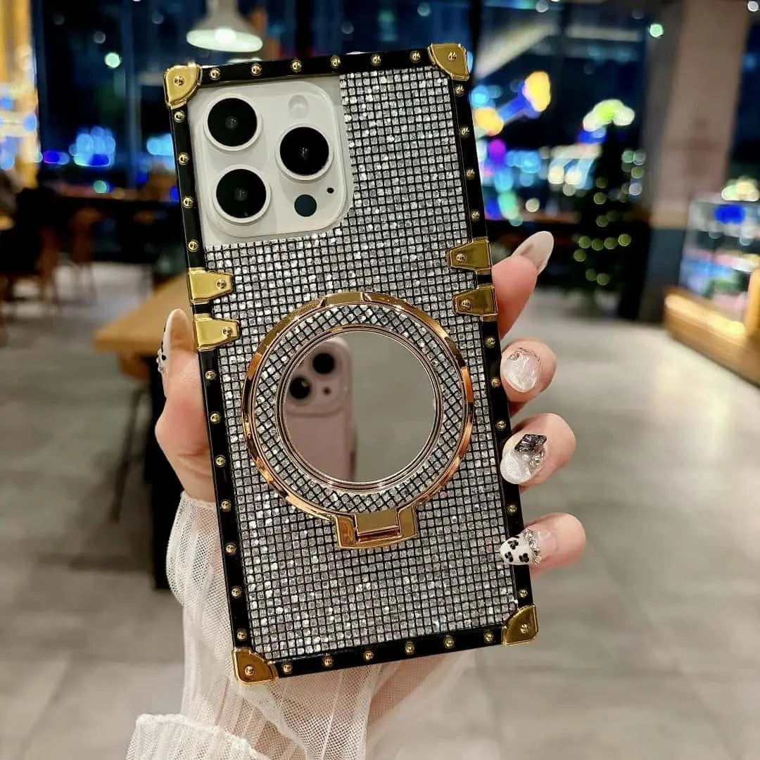 silver iPhone case with mirror ring