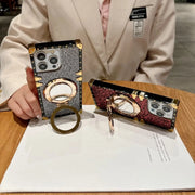 sparkly square phone case with mirror and ring