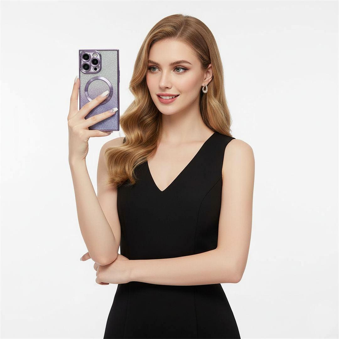 Woman holding a smartphone with a clear background