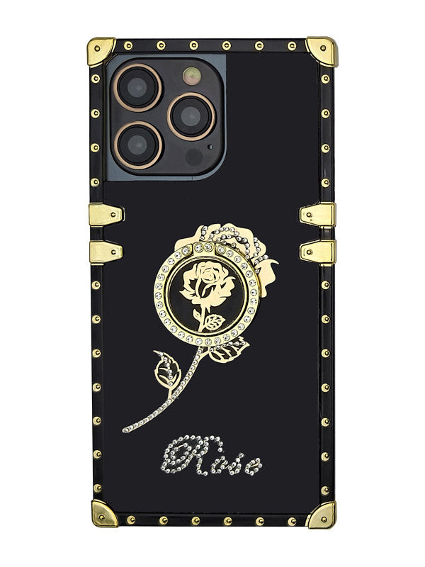 Black Sparkle Rose iPhone Case with Ring