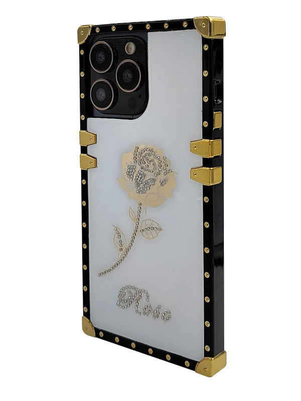 White Glitter Rose iPhone Case with Ring