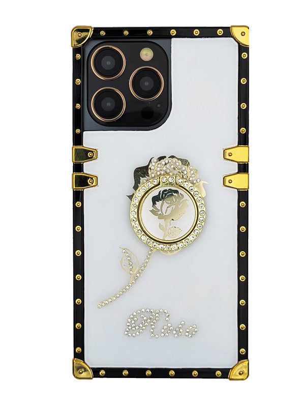 White Glitter Rose iPhone Case with Ring