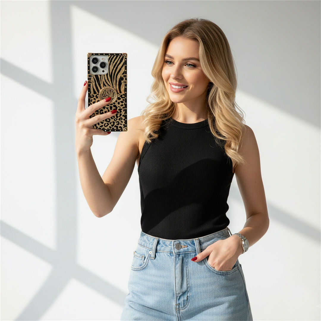 glitter leopard square phone case