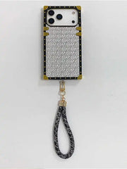 Phone case with woven pattern and strap on a white background