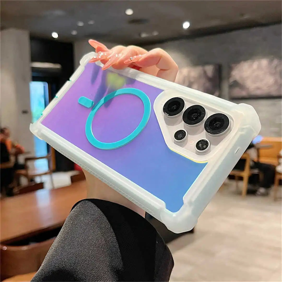 samsung s25 ultra Phone case with a gradient design held by a person in an indoor setting