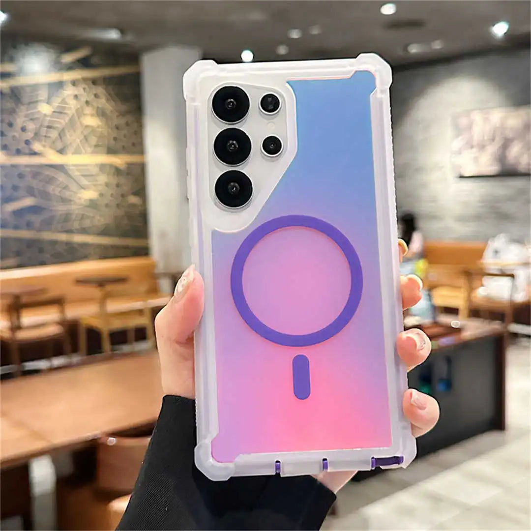 Gradient phone case held in a hand with a blurred indoor background