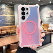 Gradient phone case with pink and blue design held in a hand