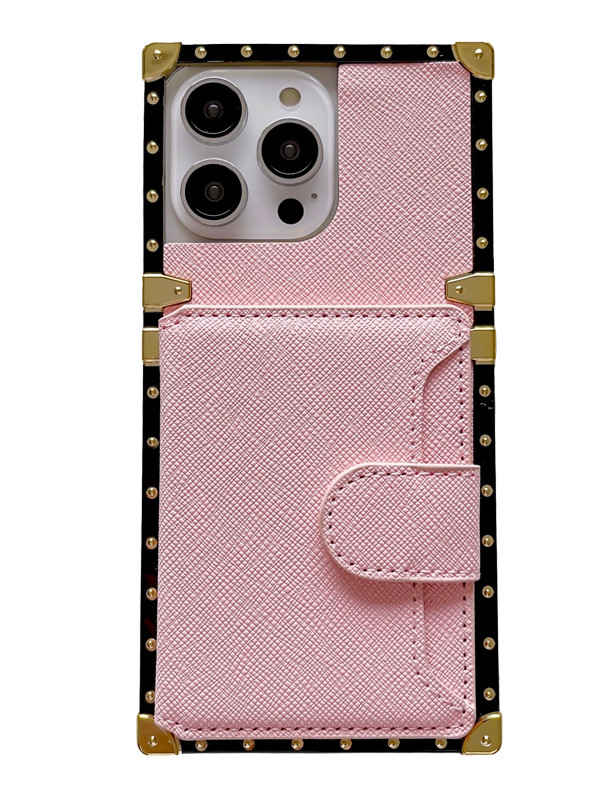 pink leather square iphone case with cardholder
