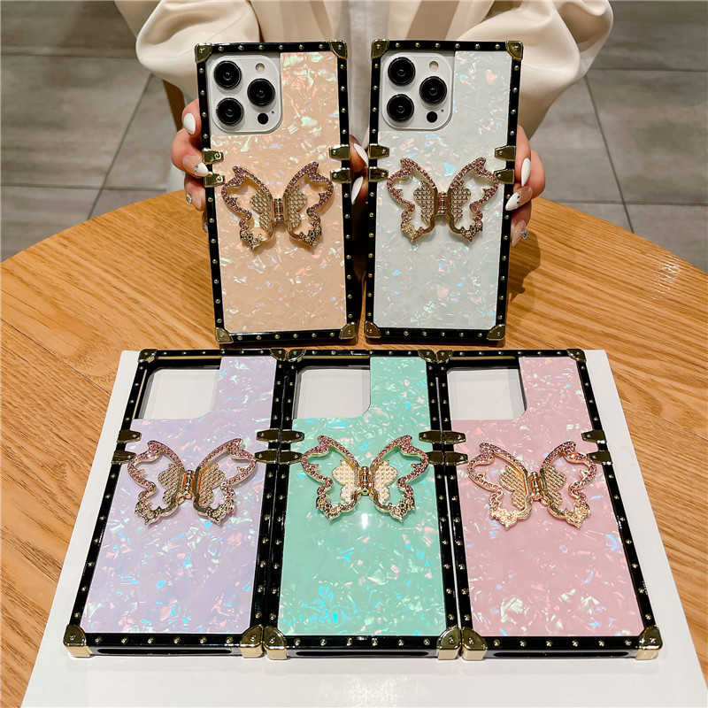 Opal Shell Square iPhone Case with Metal Butterfly Kickstand