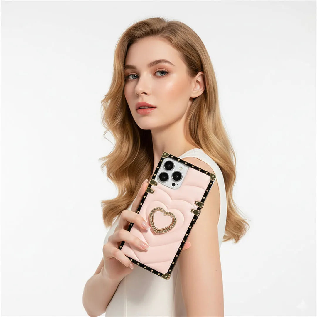 pink square phone case with heart-shaped ring holder