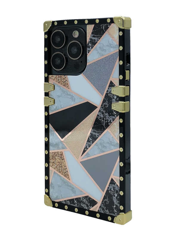 Geometric Glitter Black Gold Marble Square iPhone Case