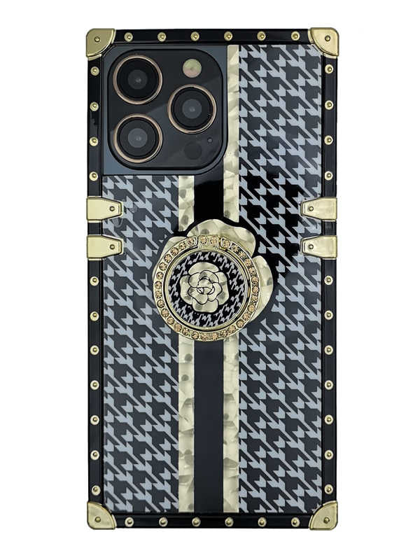 Striped Floral Houndstooth iPhone Case with Ring