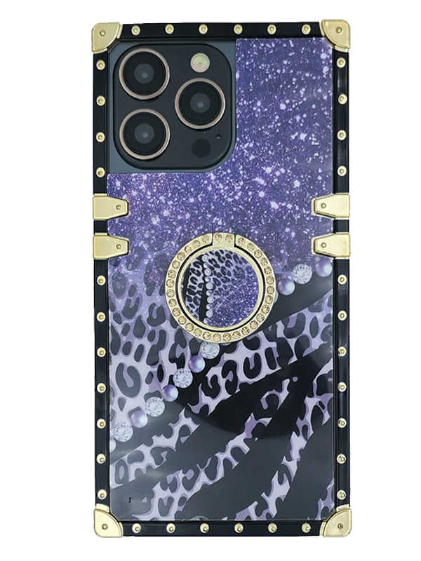 Purple Starry Sky x Leopard Fragments iPhone Case with Ring