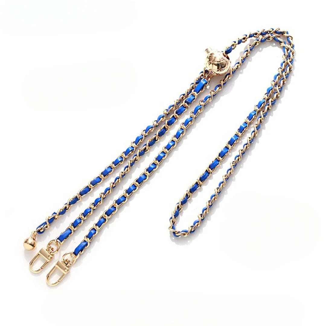 Gold chain with blue strap on a white background
