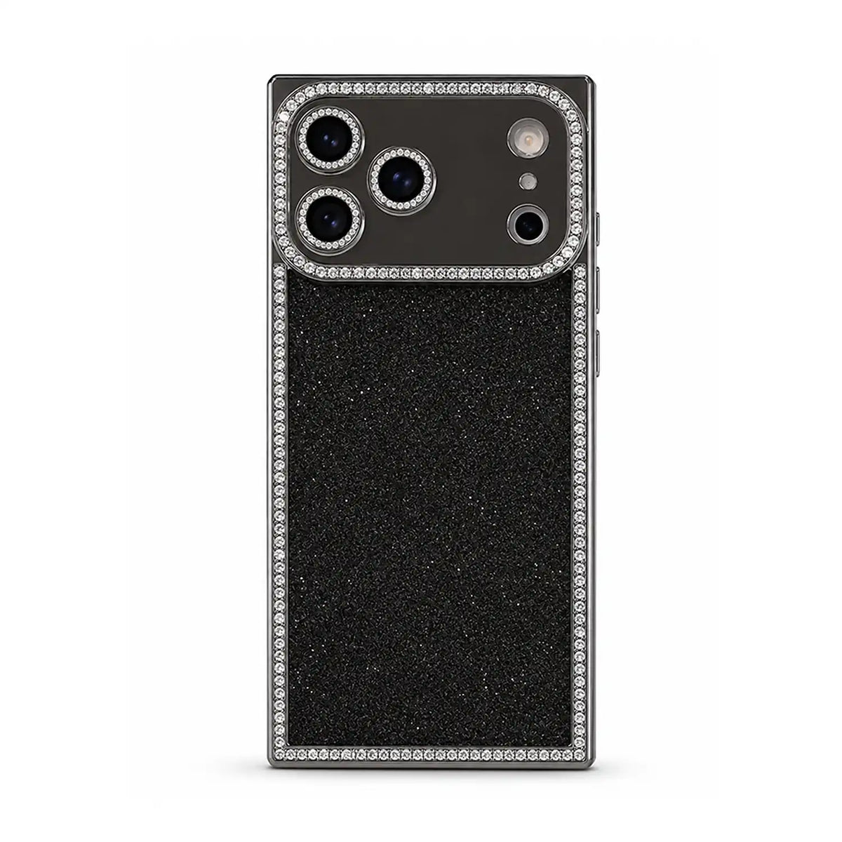 A black glitter phone case with a silver metallic border studded with clear rhinestones, shown on a white background.