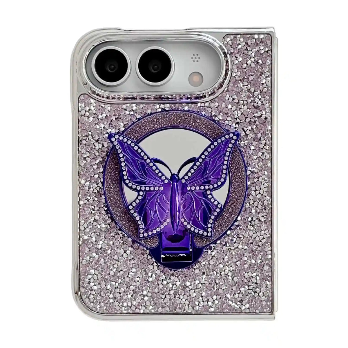 Purple Duo Butterfly Gleam iPhone Duo case with glitter finish, butterfly stand and circular mirror