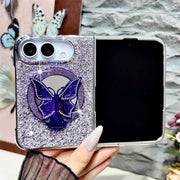 Open iPhone Duo in a purple Duo Butterfly Gleam glitter case with matching butterfly stand