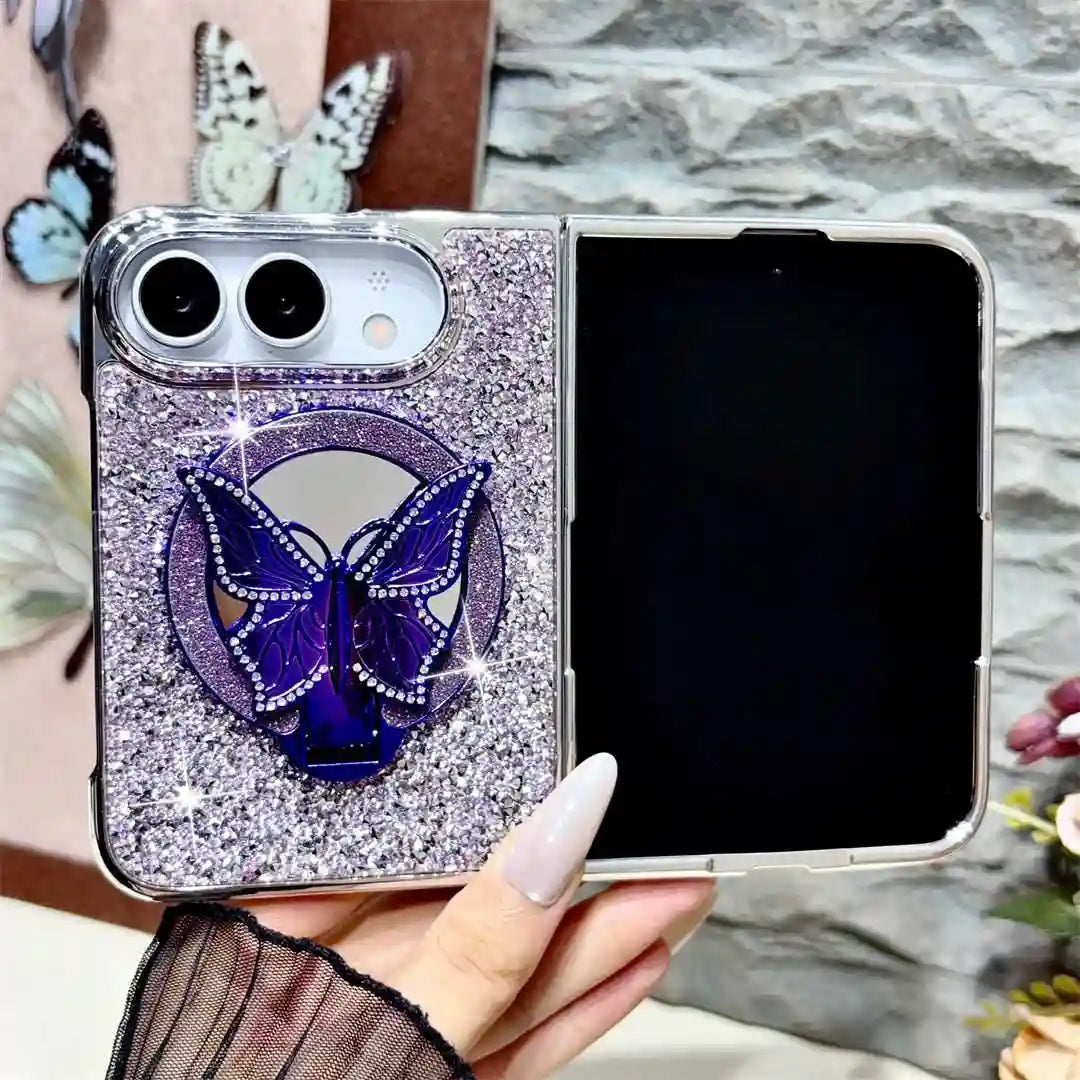Open iPhone Duo in a purple Duo Butterfly Gleam glitter case with matching butterfly stand