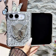 Open iPhone Duo in a silver Duo Butterfly Gleam glitter case with silver-tone butterfly stand