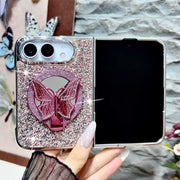 Open iPhone Duo in a pink Duo Butterfly Gleam glitter case with pink butterfly stand