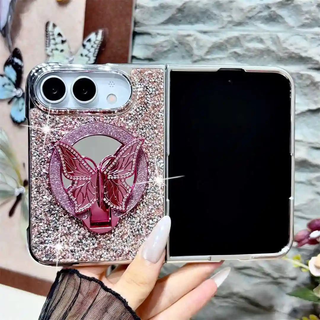 Open iPhone Duo in a pink Duo Butterfly Gleam glitter case with pink butterfly stand