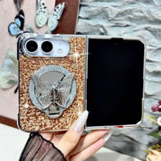 Open iPhone Duo in an orange Duo Butterfly Gleam glitter case with silver-tone butterfly stand