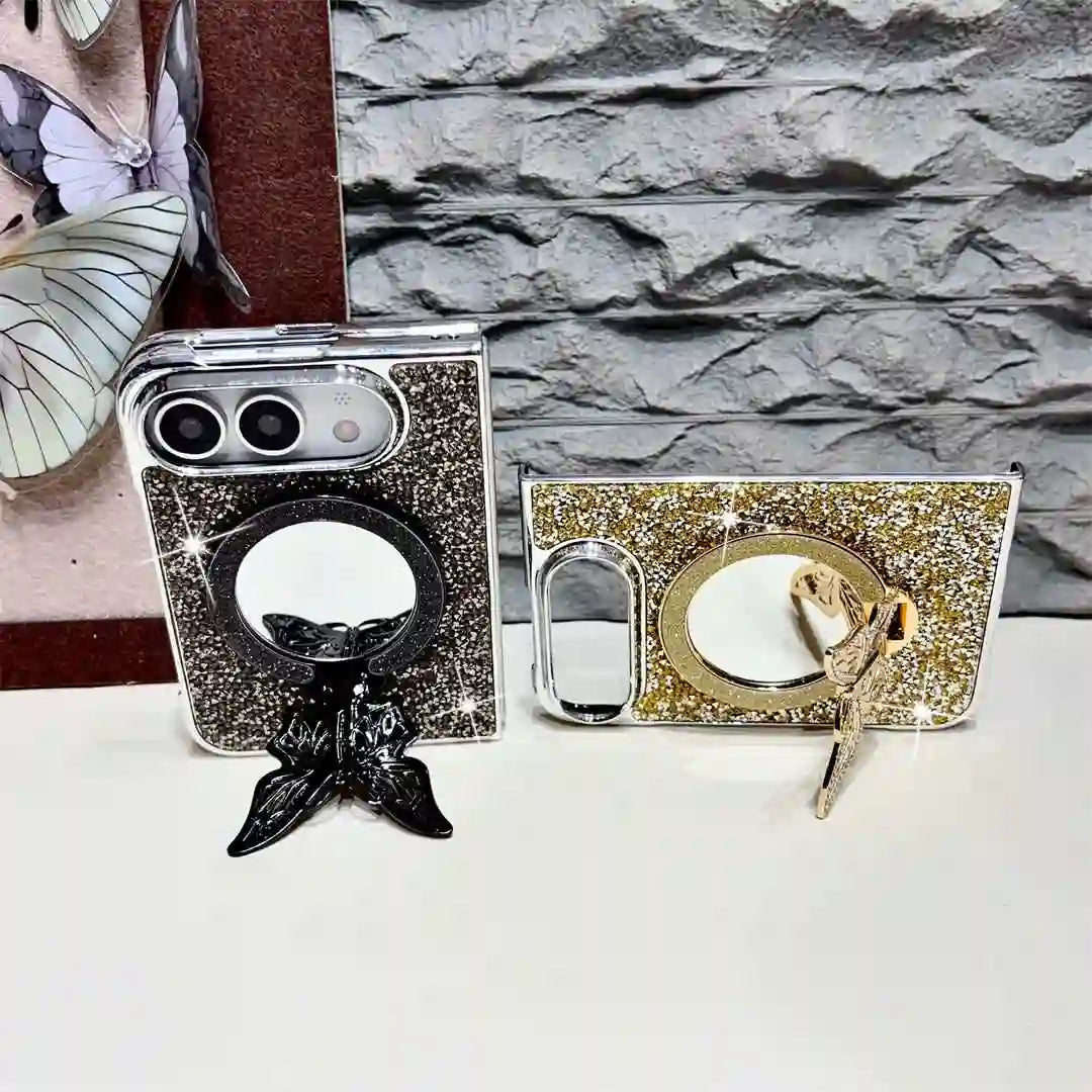 Black and gold Duo Butterfly Gleam cases demonstrating upright and horizontal butterfly stands