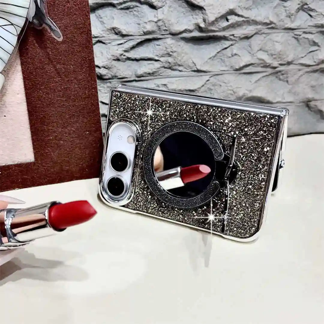 Black Duo Butterfly Gleam case propped horizontally with its mirror exposed for a lipstick check