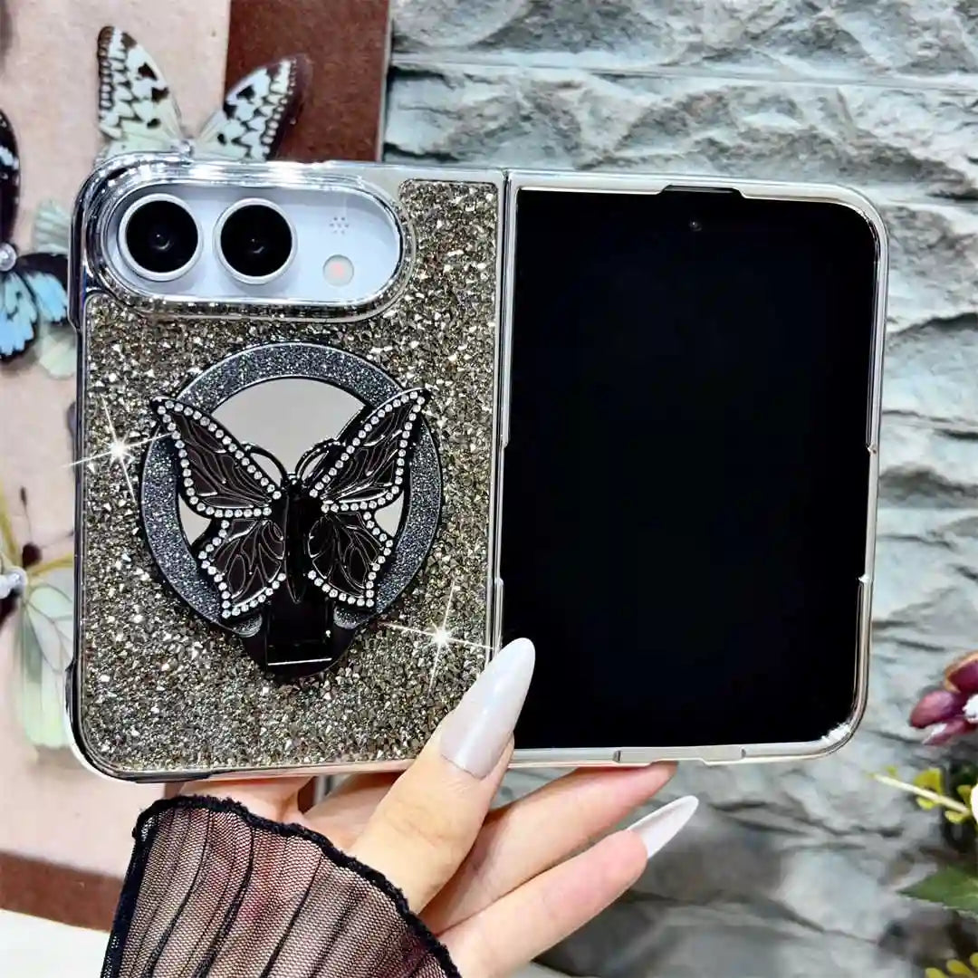 Open iPhone Duo in a black Duo Butterfly Gleam glitter case with black butterfly stand