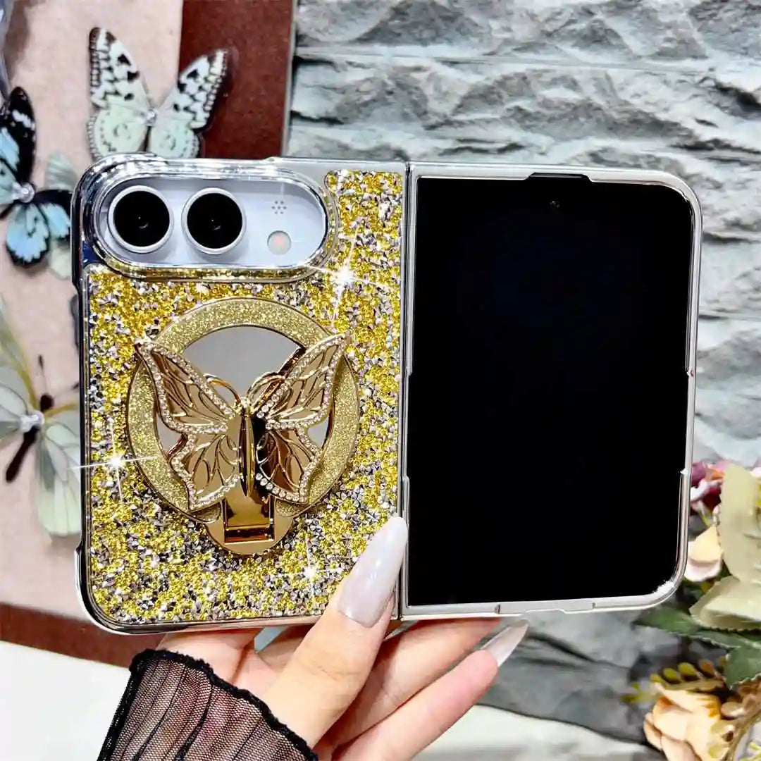 Open iPhone Duo in a gold Duo Butterfly Gleam glitter case with gold-tone butterfly stand