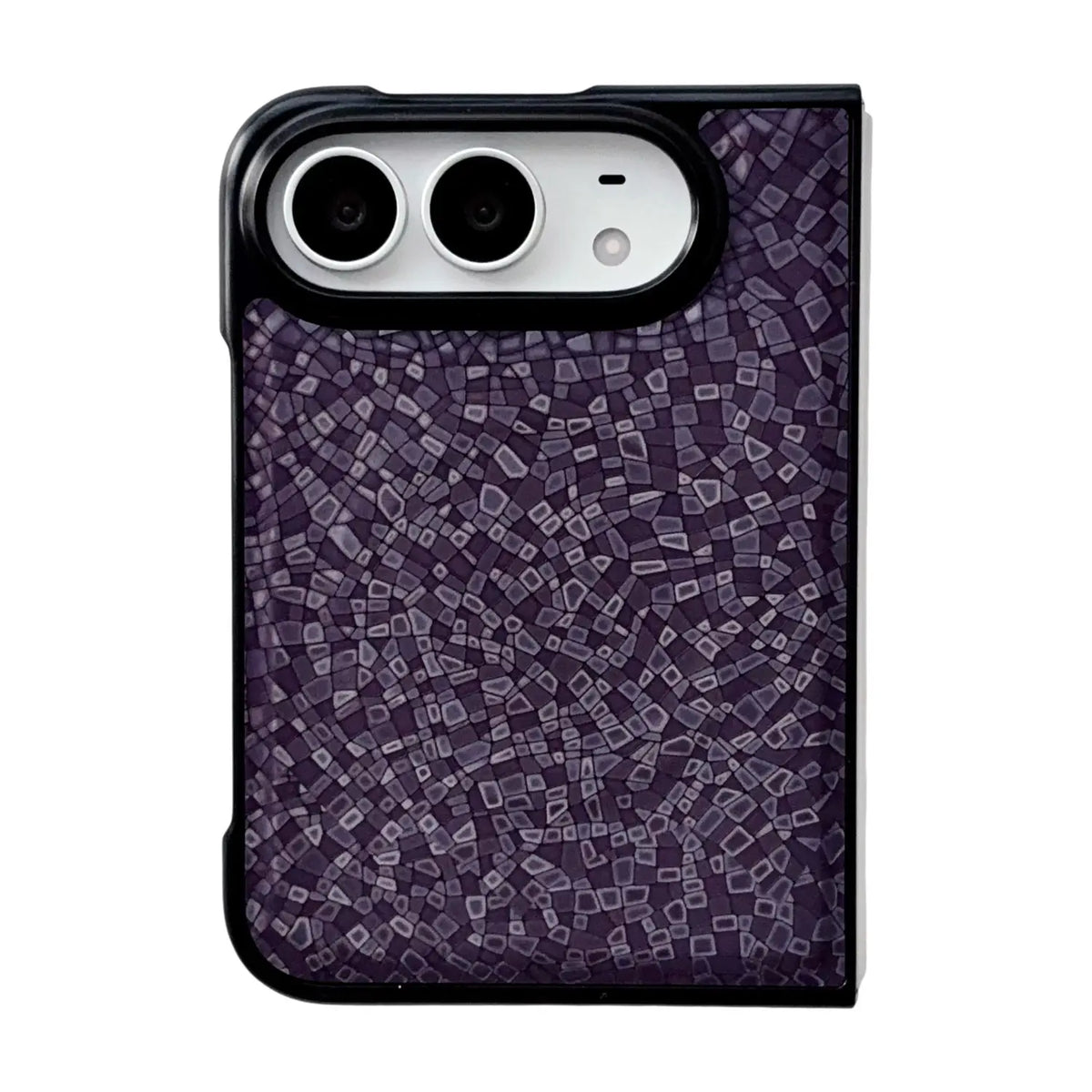A protective iPhone Duo case with a dark purple and black mosaic tile pattern, shown on a white background.