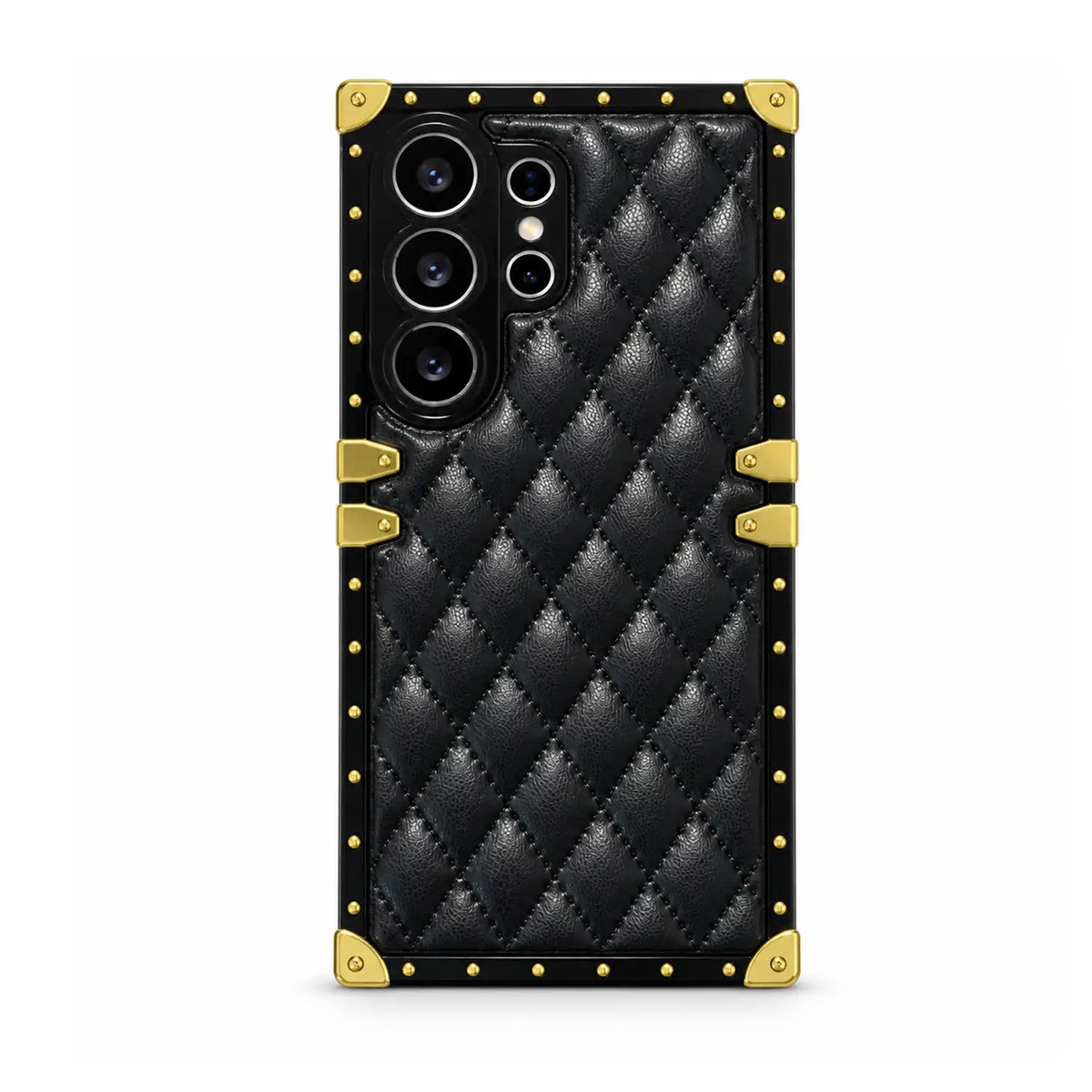 A black quilted leather phone case with gold-tone metal corner protectors and studs, shown on a white background.