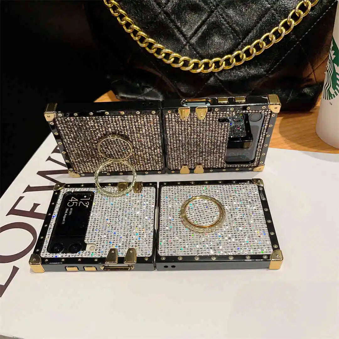 glitter Z flip 3 case with ring on a magazine cover.
