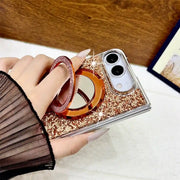 Hand using the raised ring grip on the orange Mirror Halo Duo case