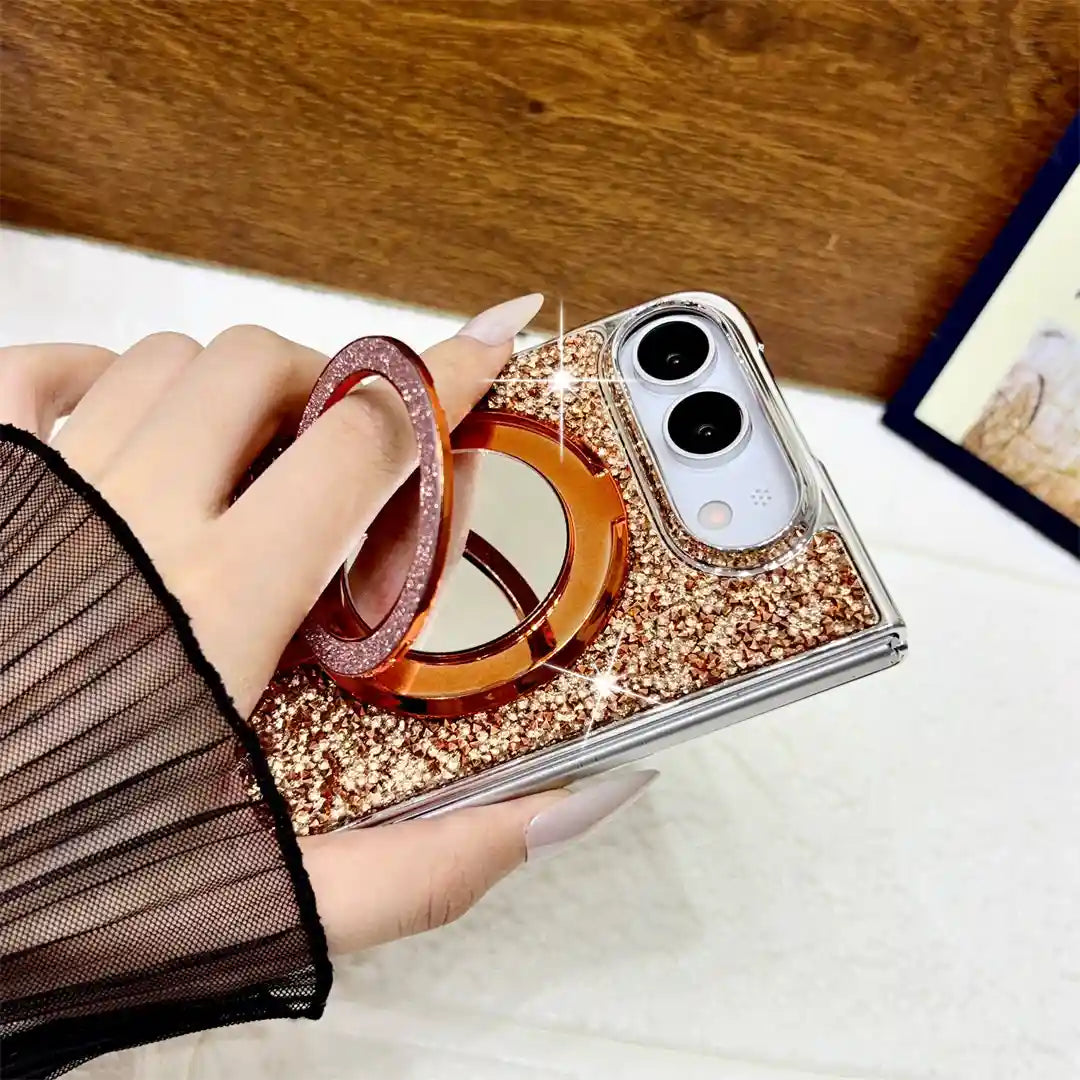 Hand using the raised ring grip on the orange Mirror Halo Duo case