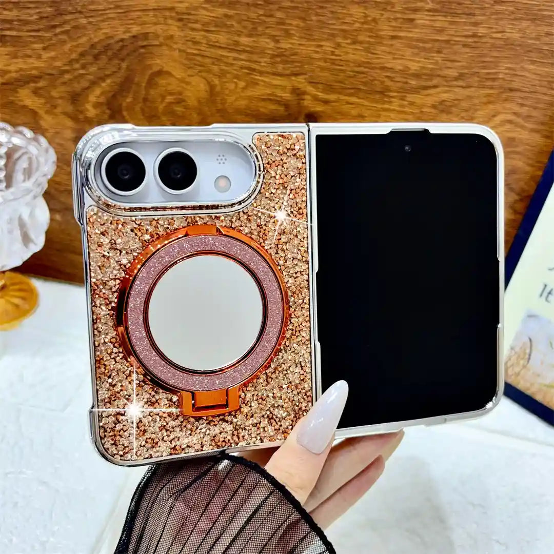 Open iPhone Duo in the orange Mirror Halo Duo glitter case with matching mirror ring stand