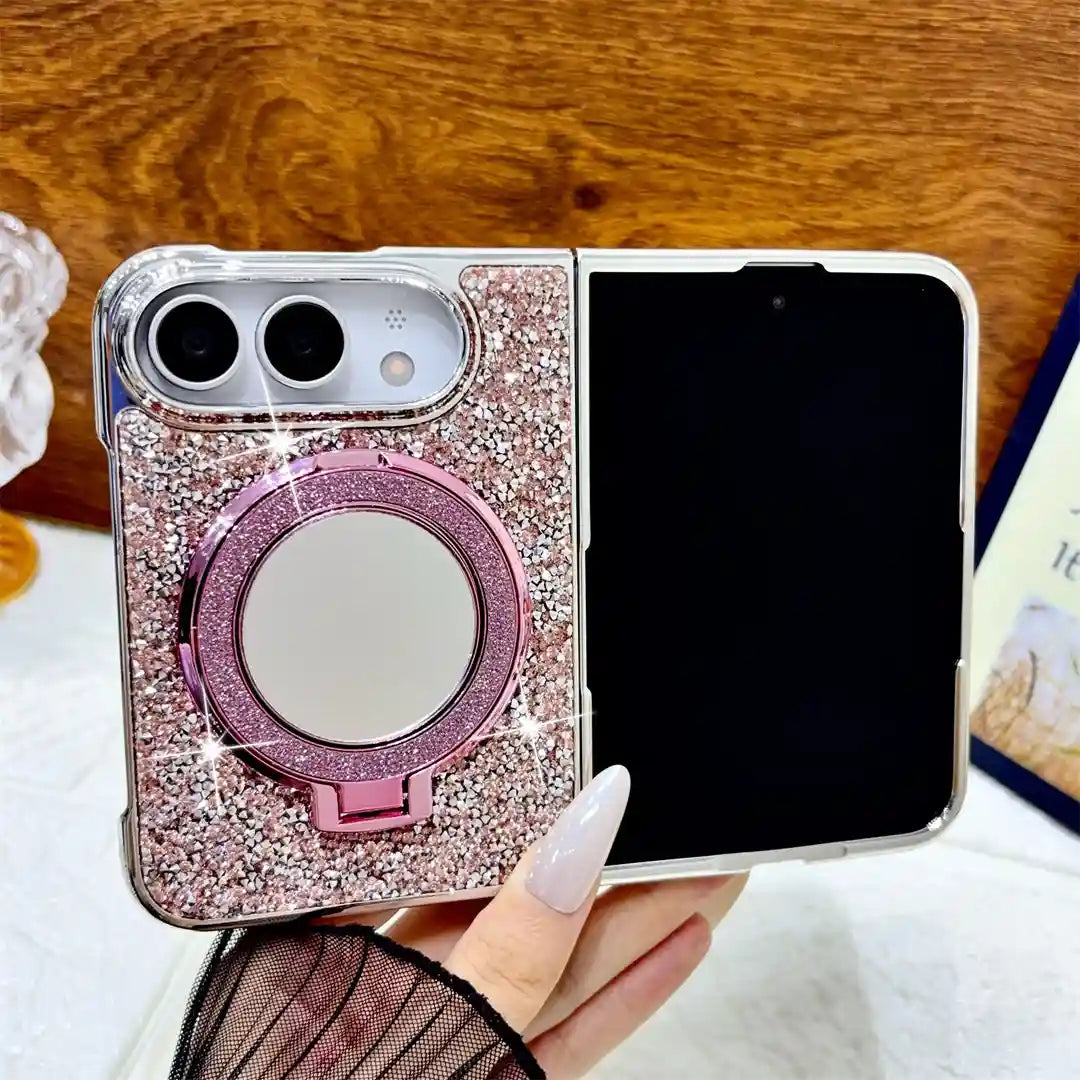 Open iPhone Duo in the pink Mirror Halo Duo case with circular mirror and matching ring stand