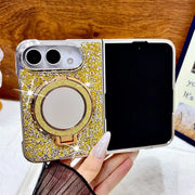 Open iPhone Duo in the gold Mirror Halo Duo glitter case with matching mirror ring stand
