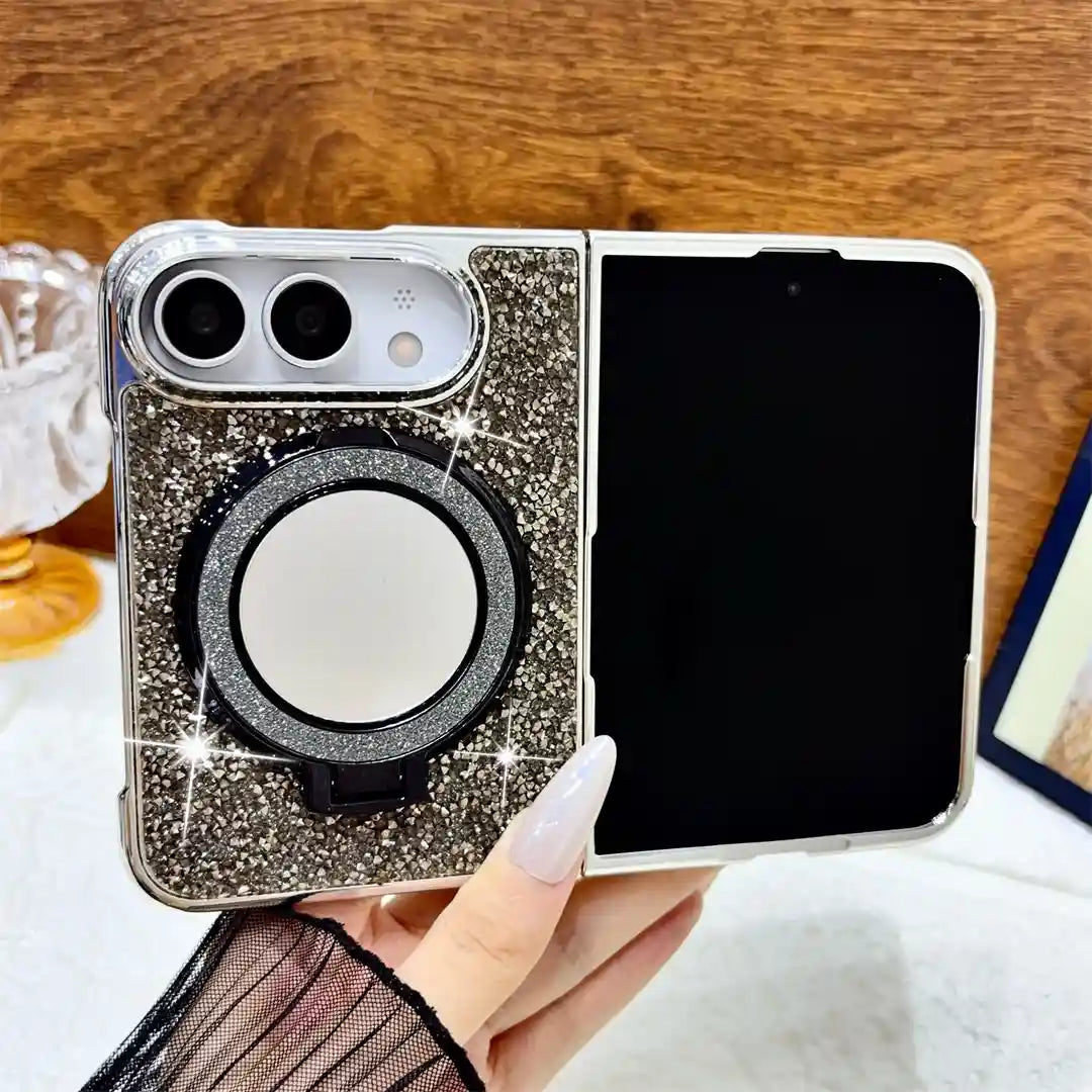 Open iPhone Duo in the black Mirror Halo Duo glitter case with matching mirror ring stand