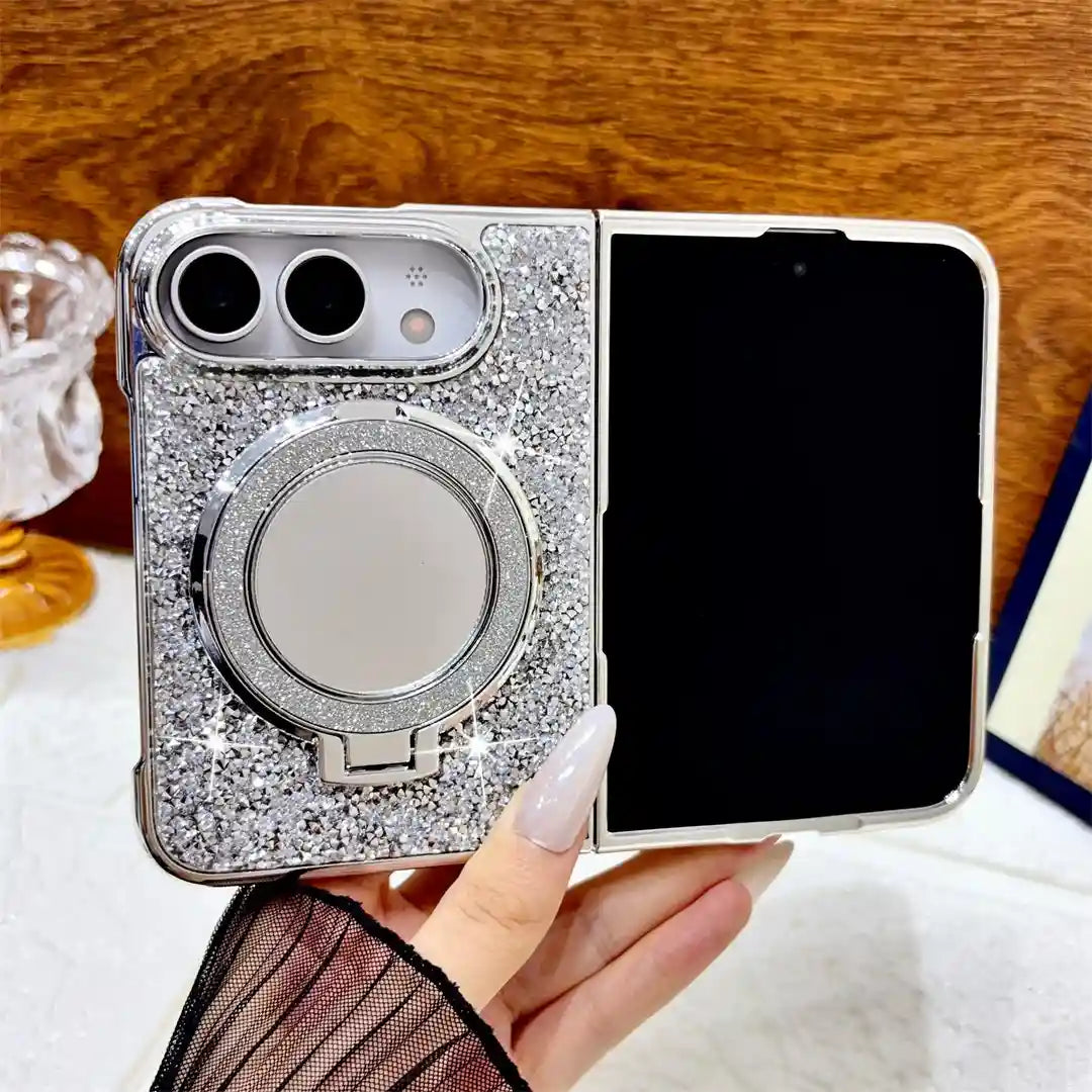 Open iPhone Duo in the silver Mirror Halo Duo glitter case with matching mirror ring stand