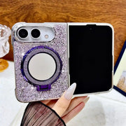 Open iPhone Duo in the purple Mirror Halo Duo glitter case with matching mirror ring stand