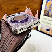 Bottom view of the folded purple Mirror Halo Duo case showing charging-port and speaker cutouts