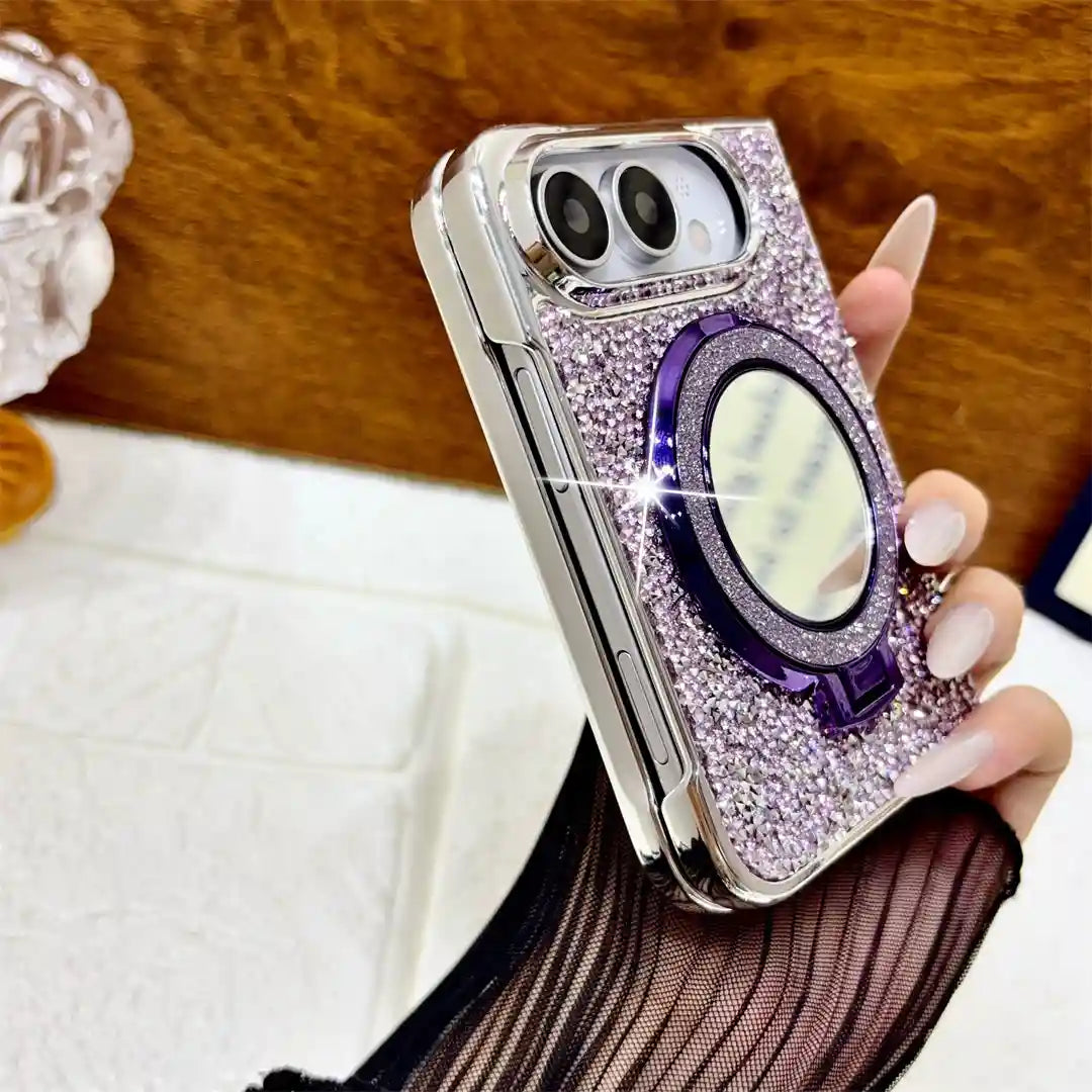 Hand holding the folded purple Mirror Halo Duo glitter case with circular mirror ring stand