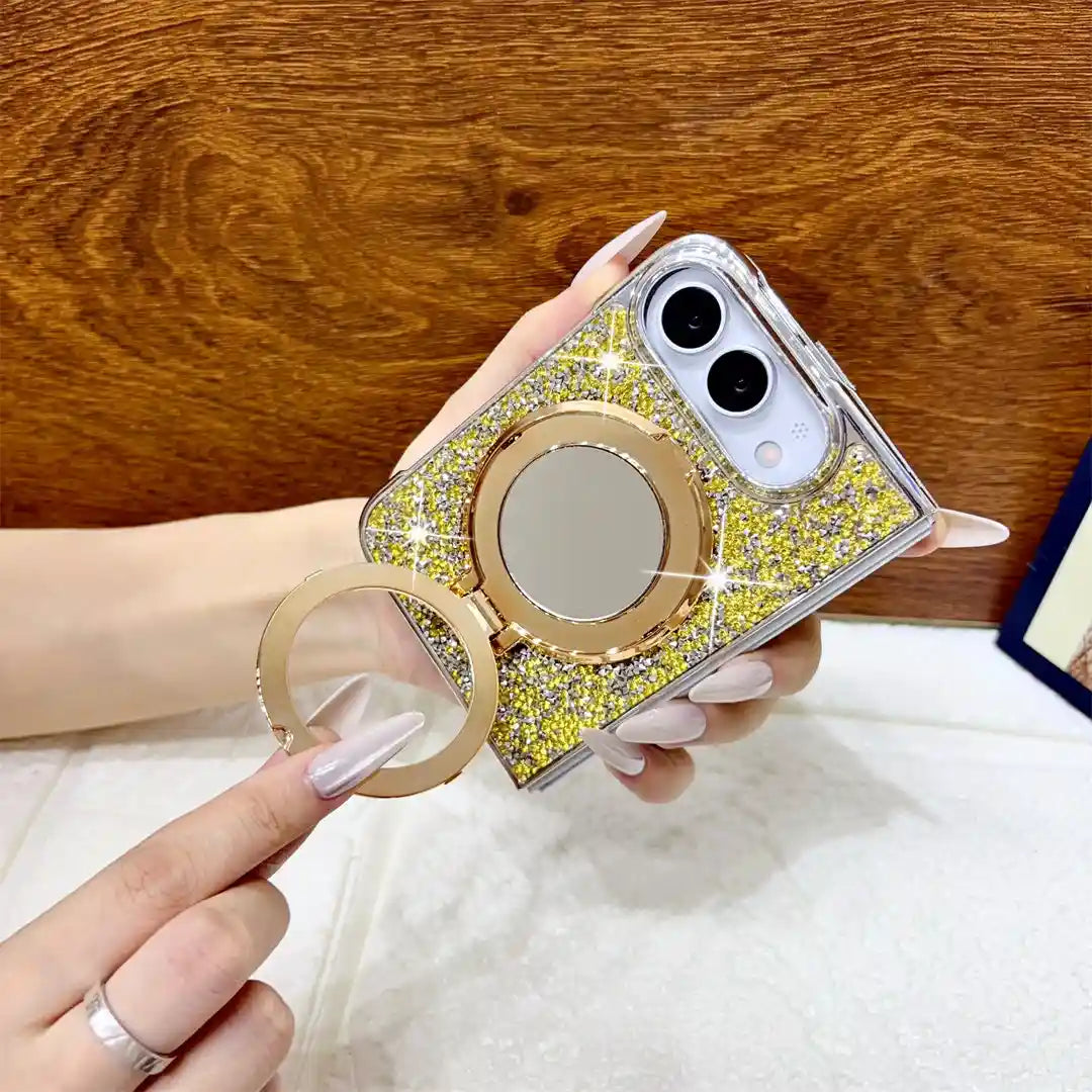 Gold Mirror Halo Duo case with its hinged ring lifted away from the circular mirror